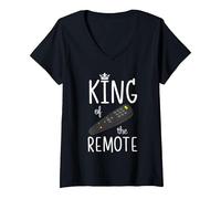 Women's King of The Remote Control TV Funny Potato Couch Lazy Dad V-Neck T-Shirt, Black, Medium