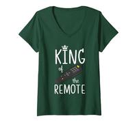 Women's King of The Remote Control TV Funny Potato Couch Lazy Dad V-Neck T-Shirt, Dark Green, Small