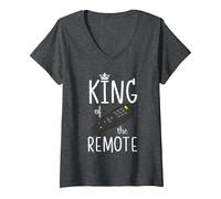 Women's King of The Remote Control TV Funny Potato Couch Lazy Dad V-Neck T-Shirt, Dark Heather Grey, Small