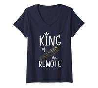 Women's King of The Remote Control TV Funny Potato Couch Lazy Dad V-Neck T-Shirt, Navy Blue, Large