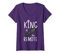 Women's King of The Remote Control TV Funny Potato Couch Lazy Dad V-Neck T-Shirt, Purple, Medium