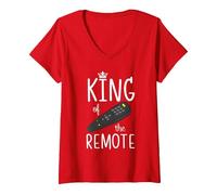 Women's King of The Remote Control TV Funny Potato Couch Lazy Dad V-Neck T-Shirt, Red, Medium