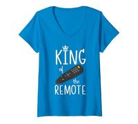 Women's King of The Remote Control TV Funny Potato Couch Lazy Dad V-Neck T-Shirt, Sapphire Blue, Medium