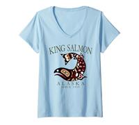 Womens King Salmon Alaska Fish Art Since 1959 Arched Olive Letters V-Neck T-Shirt
