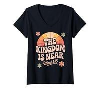 Womens Kingdom Is Near Mark 1:15 Christian 70s Retro Bible Verse V-Neck T-Shirt