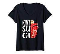 Womens Kintsugi Heart Japanese Pottery Kintsugi Art V-Neck T-Shirt