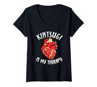 Women's Kintsugi is My Therapy Japanese Pottery Kintsugi Art V-Neck T-Shirt