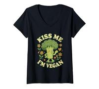 Womens Kiss Me I’m Vegan Broccoli Funny Plant Based Food Saying V-Neck T-Shirt