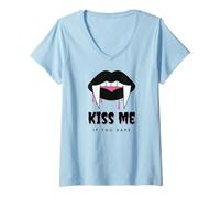 Womens Kiss Me If You Dare Halloween Vampire Fangs V-Neck T-Shirt