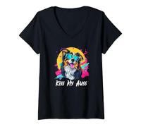 Women's Kiss My Auss Retro 80s 90s Black Australian Shepherd Lover V-Neck T-Shirt