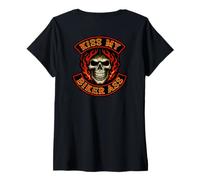Womens KISS My Biker Ass (Art On Back) Funny Biker Patch Gang Skull V-Neck T-Shirt