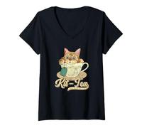 Womens Kit Tea Black Kitty A Cup Of Cat Tea Lover V-Neck T-Shirt