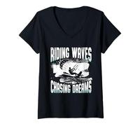 Womens Kitesurfing Kiteboarding Riding Waves Chasing Dreams V-Neck T-Shirt