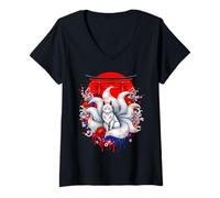Womens Kitsune 9 Tailed Fox Japanese Anime Mythical Art Tee V-Neck T-Shirt
