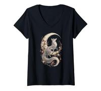 Women's Kitsune Fox Crescent Moon Japanese Sumi-e V-Neck T-Shirt
