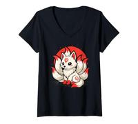 Womens Kitsune Japanese Fox Kawaii Nine-Tails Anime Art V-Neck T-Shirt