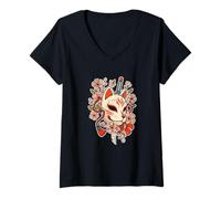 Womens Kitsune Mask Cherry Katana Fox V-Neck T-Shirt