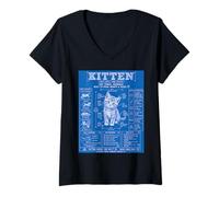 Women's Kitten Blueprint Cat Technical Drawing Humorous V-Neck T-Shirt