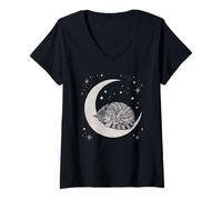 Womens Kitten Cat Cuddling Night Crescent Lunar Pet V-Neck T-Shirt