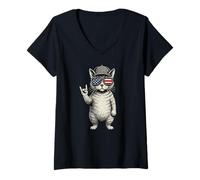 Womens Kitten Cool Cat Love Cap US Flag Glasses Retro Rock Music V-Neck T-Shirt