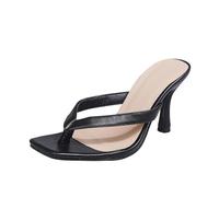 Women's Kitten Heels Flip-Flop Open Square Toe Thong Sandals Backless Slip on Slides Slippers 2.4 Inch Heeled Sandals for Women Black