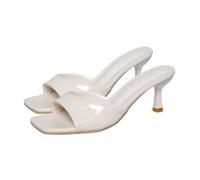 Women's Kitten Heels Pumps Square Toe Slip On Slide Sandals Open Toe Low Heels Slides Backless Stilettos Business Work Party Dress Shoes White