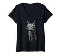 Womens Kitten Lover Abstract Scribble Art Cute Cat Cat V-Neck T-Shirt