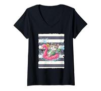 Women's Kitten on a Floating Flamingo V-Neck T-Shirt