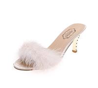 Women's Kitten Stilettos Low Heels Pumps Fluffy Feather Round Open Toe Slip on Slides Slippers Lightweight Party Prom Wedding Dress Shoes Beige