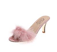Women's Kitten Stilettos Low Heels Pumps Fluffy Feather Round Open Toe Slip on Slides Slippers Lightweight Party Prom Wedding Dress Shoes Pink
