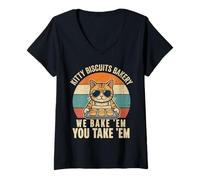Women's Kitty Biscuits Bakery Funny Cat Sunglasses Retro Sunset Meme V-Neck T-Shirt