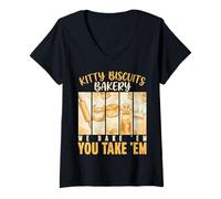 Women's Kitty Biscuits Bakery We Bake Em You Take Em Cat Kneading V-Neck T-Shirt