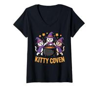 Womens Kitty Coven Adorable Witch Cats, Magical Cauldron Halloween V-Neck T-Shirt