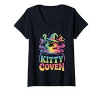 Womens Kitty Coven Adorable Witch Cats, Magical Cauldron Halloween V-Neck T-Shirt