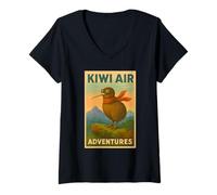 Womens Kiwi Air Adventures Retro Travel Poster V-Neck T-Shirt