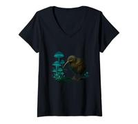 Womens Kiwi Bird Glow Mushrooms Night Art V-Neck T-Shirt