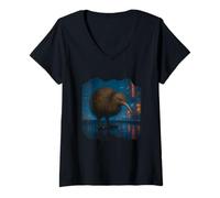Womens Kiwi Night City Neo Noir Art V-Neck T-Shirt