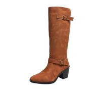 Womens Knee High Boots Block Heel Buckle Strap Riding Boot Casual Shoes | Faux Suede Upper, Brass Clasp Detail, Elastic Gusset, Thick Sole, Round Toe, Side Zipper, Winter Footwear, Everyday Wear