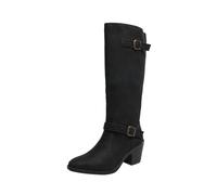 Womens Knee High Boots Block Heel Buckle Strap Riding Boot Casual Shoes | Faux Suede Upper, Brass Clasp Detail, Elastic Gusset, Thick Sole, Round Toe, Side Zipper, Winter Footwear, Everyday Wear