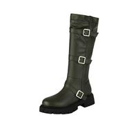 Women's Knee High Boots British Style Fashion Leather Belt Buckle Decoration Thick Heel Long Sleeve Elegant Ladies Boots (Green, 6)