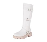 Women's Knee High Boots British Style Fashion Leather Belt Buckle Decoration Thick Heel Long Sleeve Elegant Ladies Boots (White, 6.5)