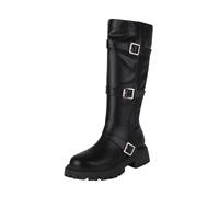 Women's Knee High Boots British Style Fashion Leather Belt Buckle Decoration Thick Heel Long Sleeve Elegant Ladies Boots (Black, 5)