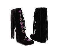 Womens Knee High Boots Clearance,Winter Boots for Women UK Plus Size Ethnic Style Retro Boots Tassel Flannelette Lining Mid-heel Knee High Boots Inner Sloping Heel Flat High Boots 3-8.5 Today's Deals