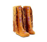 Womens Knee High Boots Clearance,Winter Boots for Women UK Plus Size Ethnic Style Retro Boots Tassel Flannelette Lining Mid-heel Knee High Boots Inner Sloping Heel Flat High Boots 3-8.5 Today's Deals