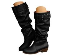 Women's Knee High Boots, Faux Leather Slouch Boots with Buckle Straps, Zip-Up Casual Fashion Boots for Women, Comfortable Everyday Footwear for UK Ladies A Black