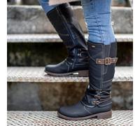 Womens Knee High Boots For Women Mid Calf Chunky Heel Slip On Round Toe Boots With Low Heel Dressy Vintage Leather Ankle Biker Riding Combat Wide Calf Winter Booties For Ladies