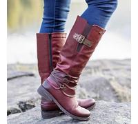 Womens Knee High Boots For Women Mid Calf Chunky Heel Slip On Round Toe Boots With Low Heel Dressy Vintage Leather Ankle Biker Riding Combat Wide Calf Winter Booties For Ladies