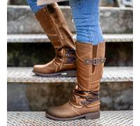 Womens Knee High Boots For Women Mid Calf Chunky Heel Slip On Round Toe Boots With Low Heel Dressy Vintage Leather Ankle Biker Riding Combat Wide Calf Winter Booties For Ladies