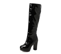 Women's Knee High Boots Glossy Patent Leather Chunky Heel Boots