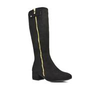 Women's Knee High Boots Ladies Decorative Zip Low Heel Round Toe Black Faux Suede Biker Long Shoes Size 8